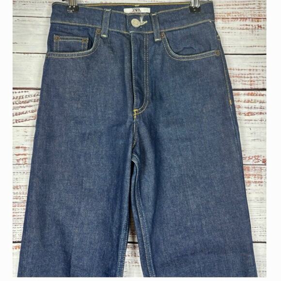 ZARA Wide Leg Jeans size 0 Dark Wash Denim High Rise Straight Leg Trousers jeans - Picture 4 of 6